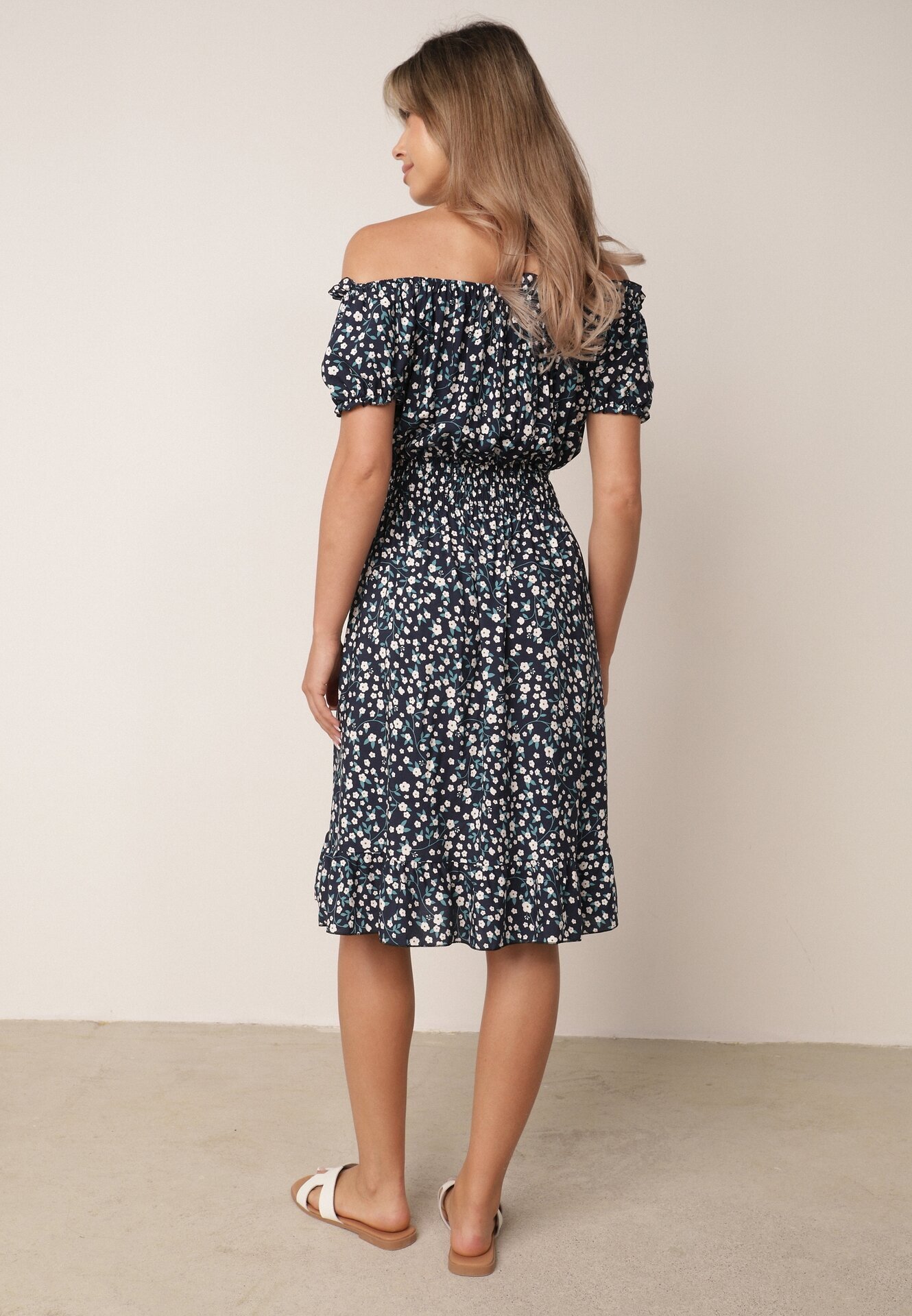 defox Rochie bleumarin din bumbac stil spaniolă cu flori cu elastic încrețit în talie Rosaliya