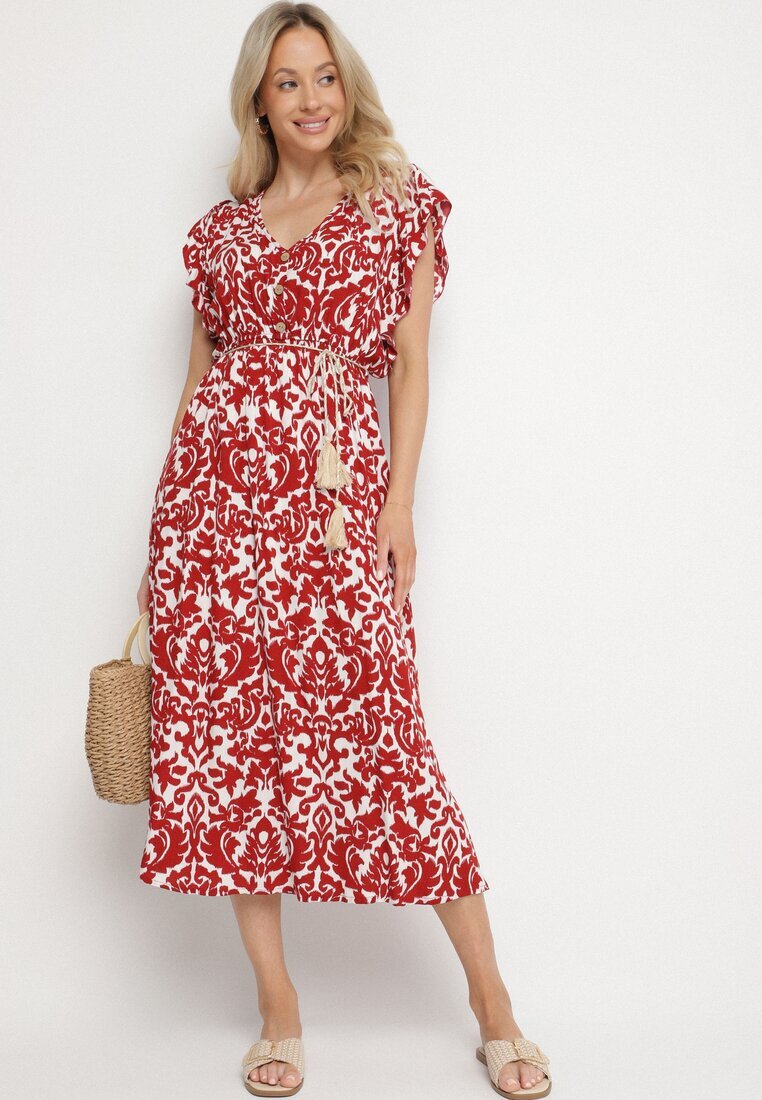 defox Rochie Bordo de bumbac evazată cu volane și model ornamental Zaliette