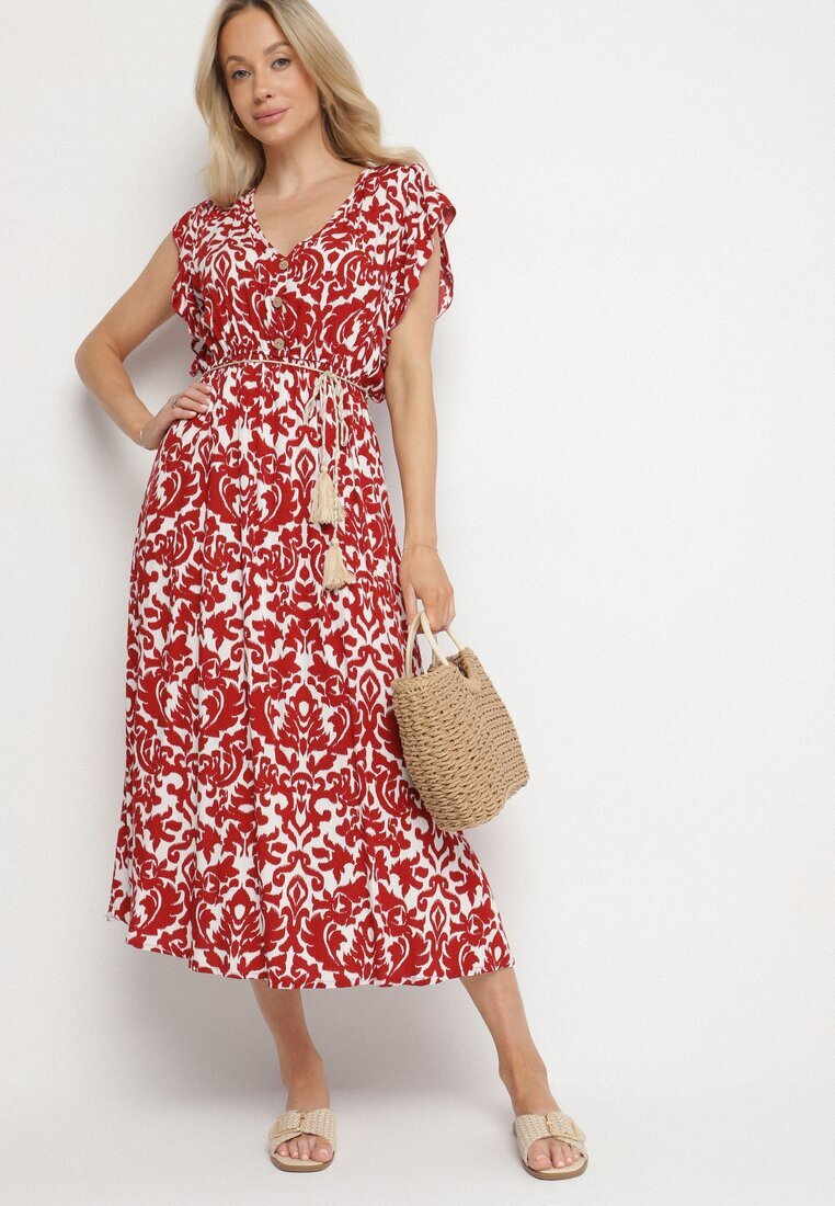 defox Rochie Bordo de bumbac evazată cu volane și model ornamental Zaliette