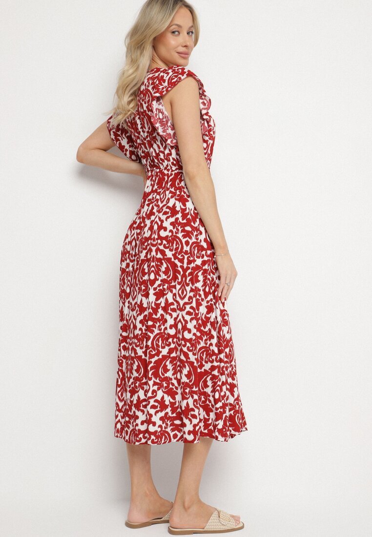 defox Rochie Bordo de bumbac evazată cu volane și model ornamental Zaliette