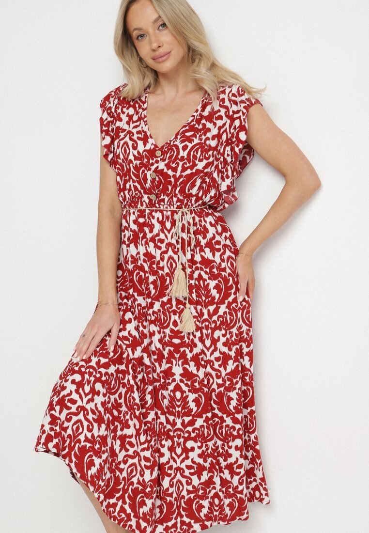 defox Rochie Bordo de bumbac evazată cu volane și model ornamental Zaliette