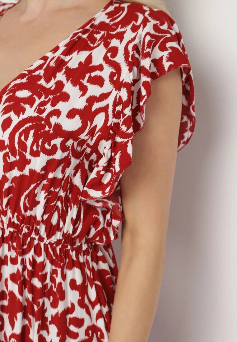 defox Rochie Bordo de bumbac evazată cu volane și model ornamental Zaliette