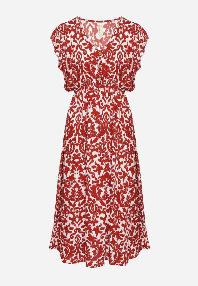 defox Rochie Bordo de bumbac evazată cu volane și model ornamental Zaliette