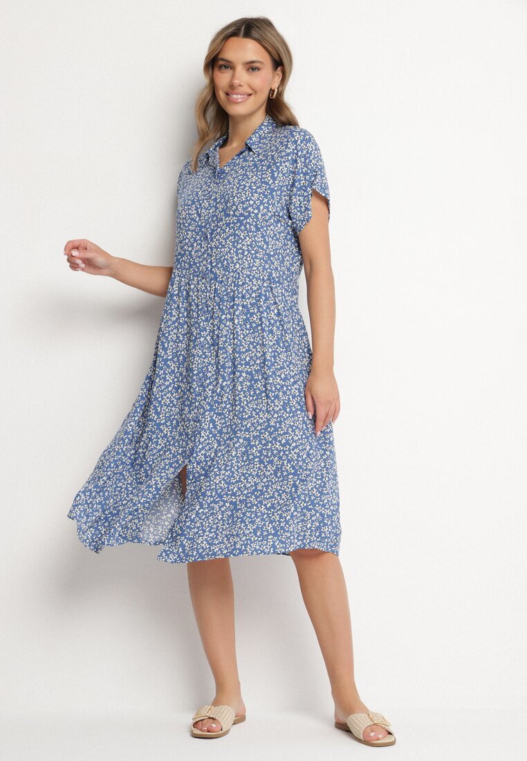 defox Rochie Cămașă Bleumarin Bumbac Florală cu poale evazate Jerilsa