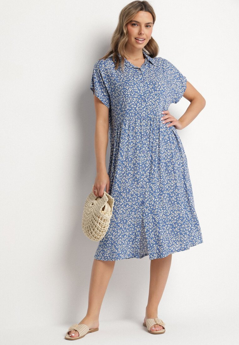 defox Rochie Cămașă Bleumarin Bumbac Florală cu poale evazate Jerilsa