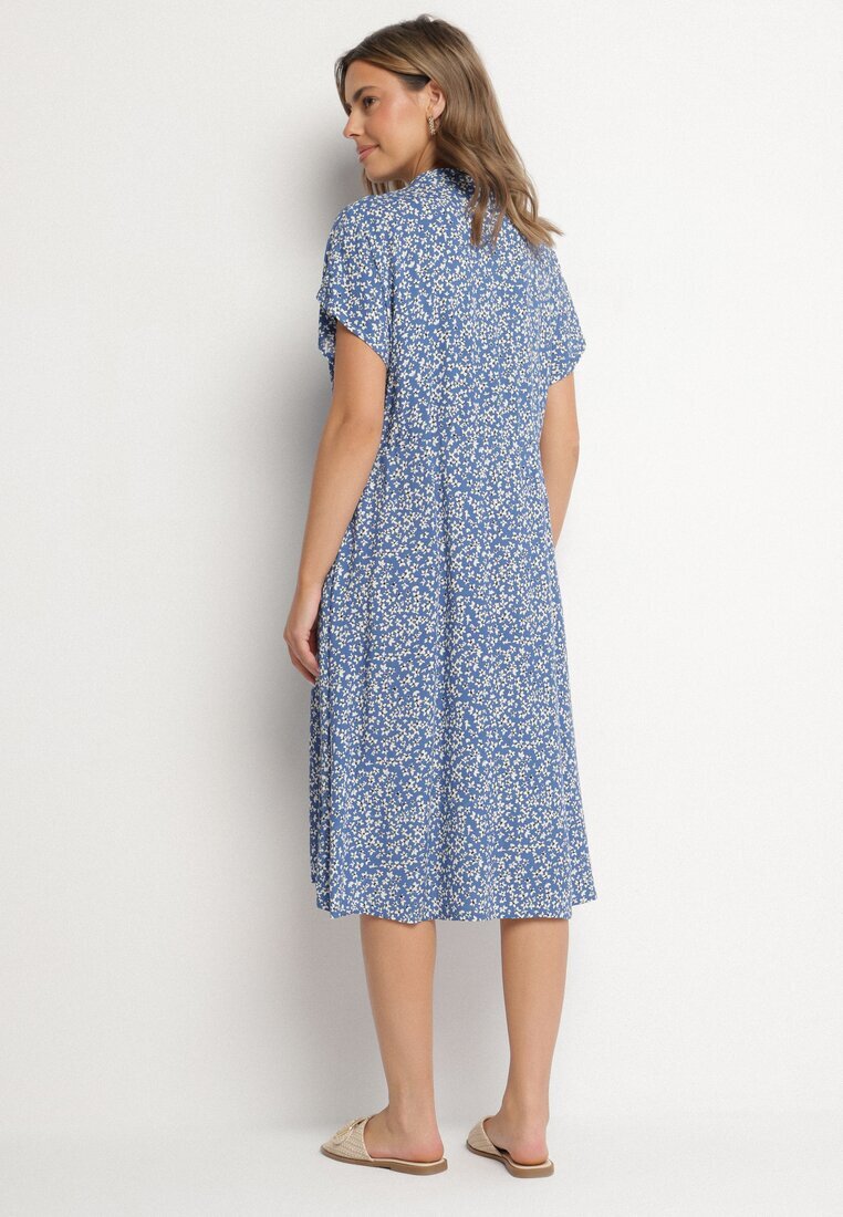 defox Rochie Cămașă Bleumarin Bumbac Florală cu poale evazate Jerilsa