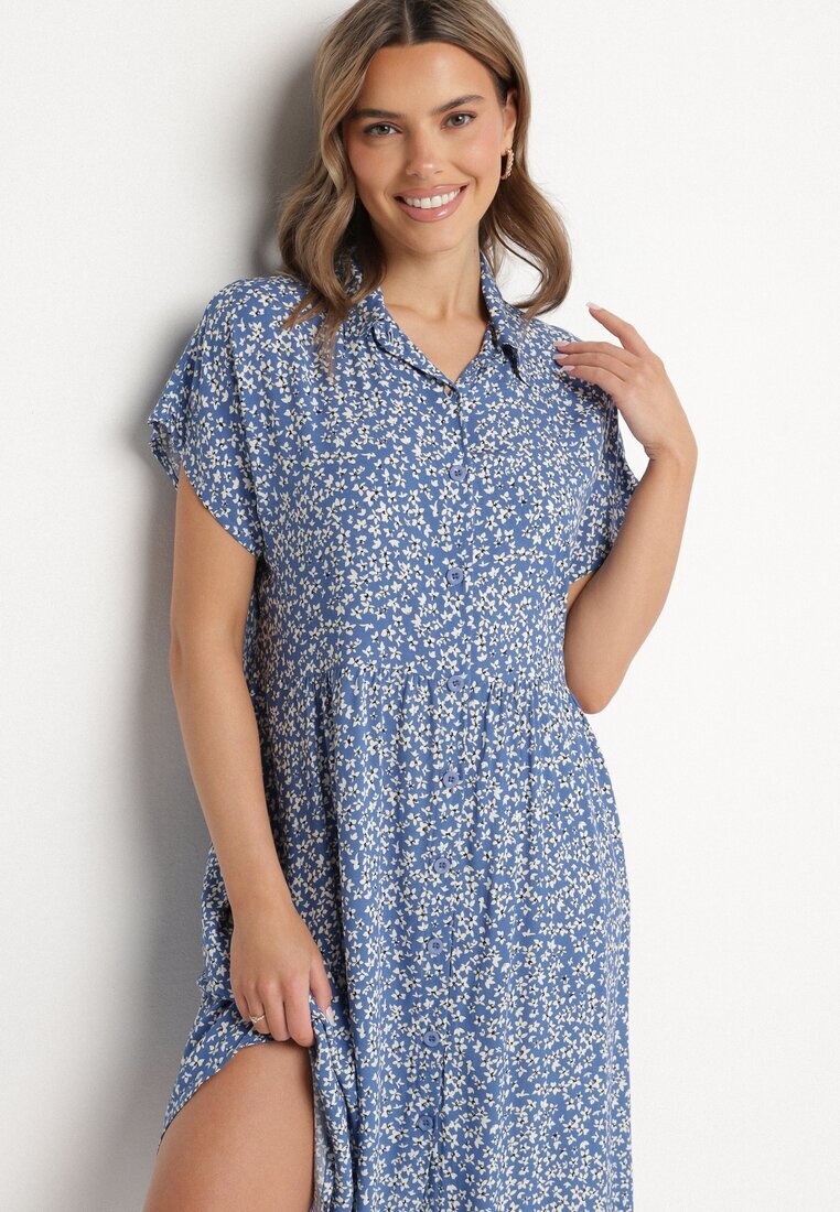 defox Rochie Cămașă Bleumarin Bumbac Florală cu poale evazate Jerilsa
