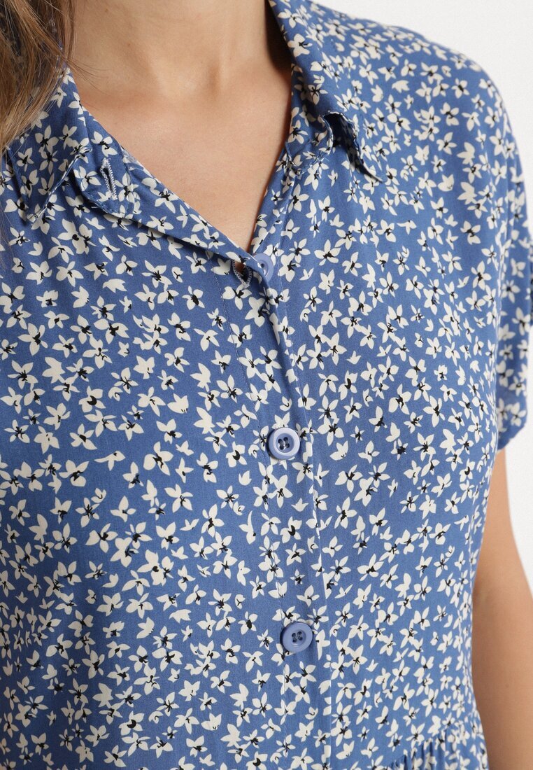 defox Rochie Cămașă Bleumarin Bumbac Florală cu poale evazate Jerilsa