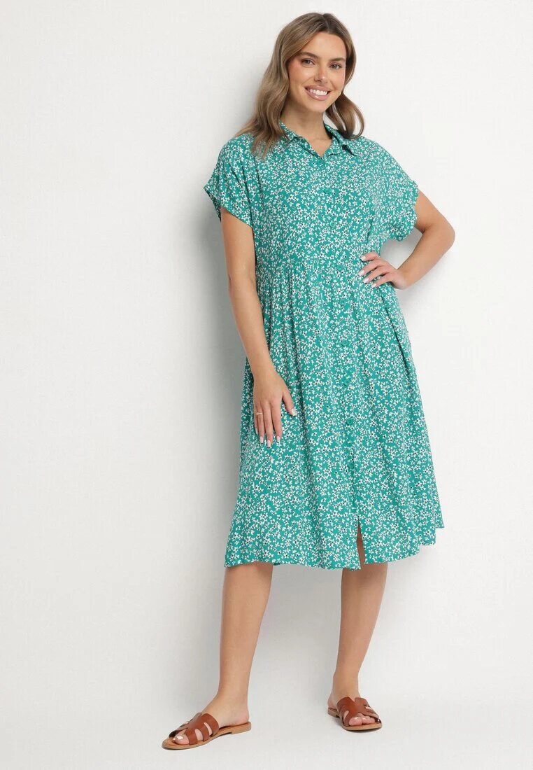 defox Rochie Cămașă Verde închis din bumbac cu flori cu poale evazate Jerilsa