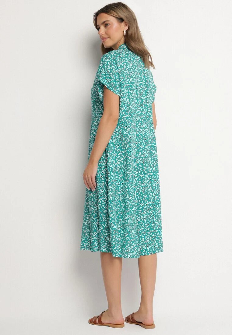 defox Rochie Cămașă Verde închis din bumbac cu flori cu poale evazate Jerilsa
