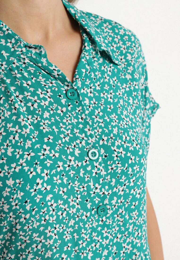 defox Rochie Cămașă Verde închis din bumbac cu flori cu poale evazate Jerilsa
