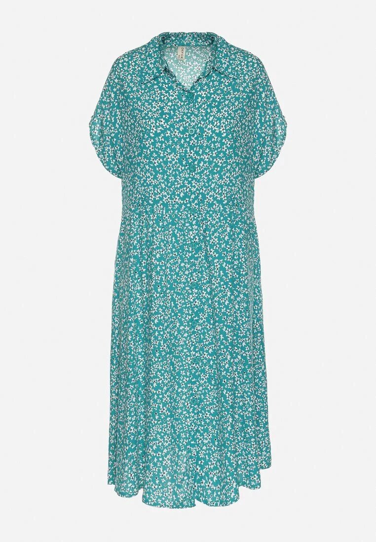 defox Rochie Cămașă Verde închis din bumbac cu flori cu poale evazate Jerilsa