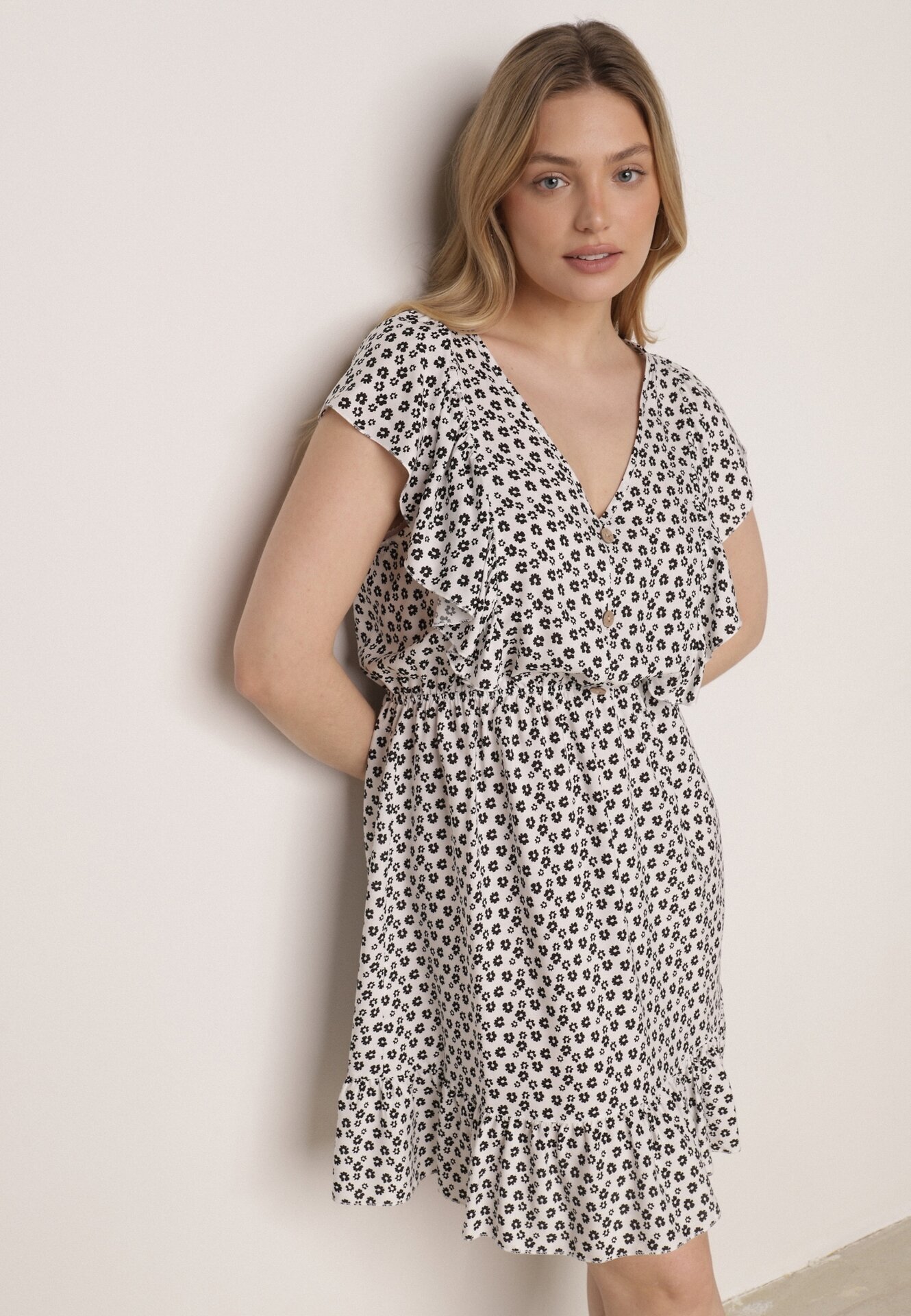 defox Rochie Cloche Albă din Bumbac cu Imprimeu Floral cu Nasturi Ronelle