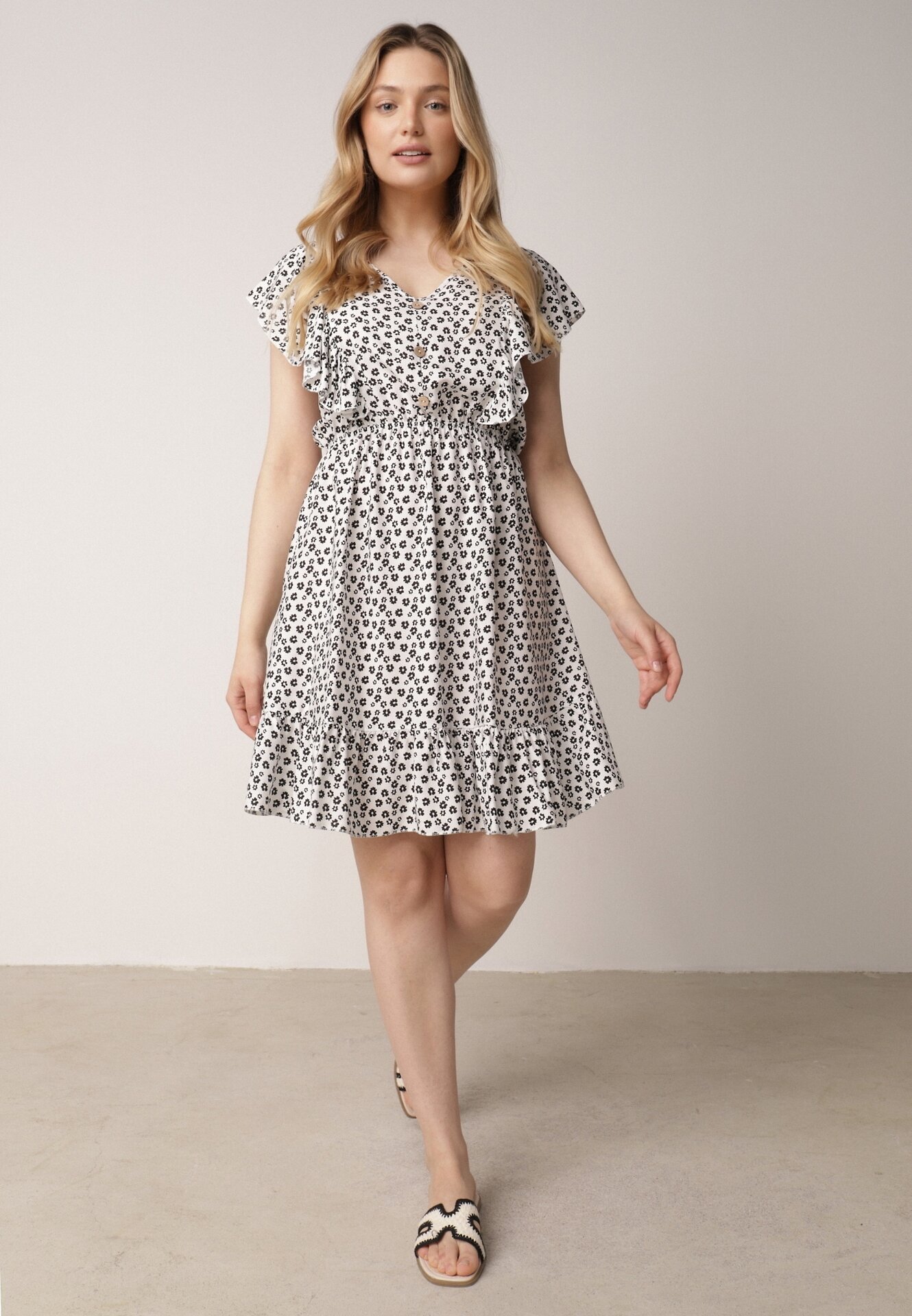 defox Rochie Cloche Albă din Bumbac cu Imprimeu Floral cu Nasturi Ronelle