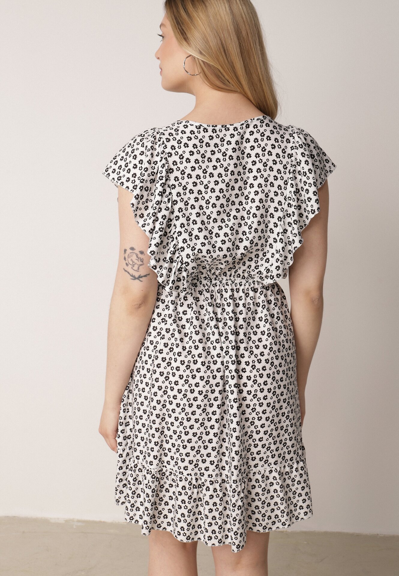 defox Rochie Cloche Albă din Bumbac cu Imprimeu Floral cu Nasturi Ronelle