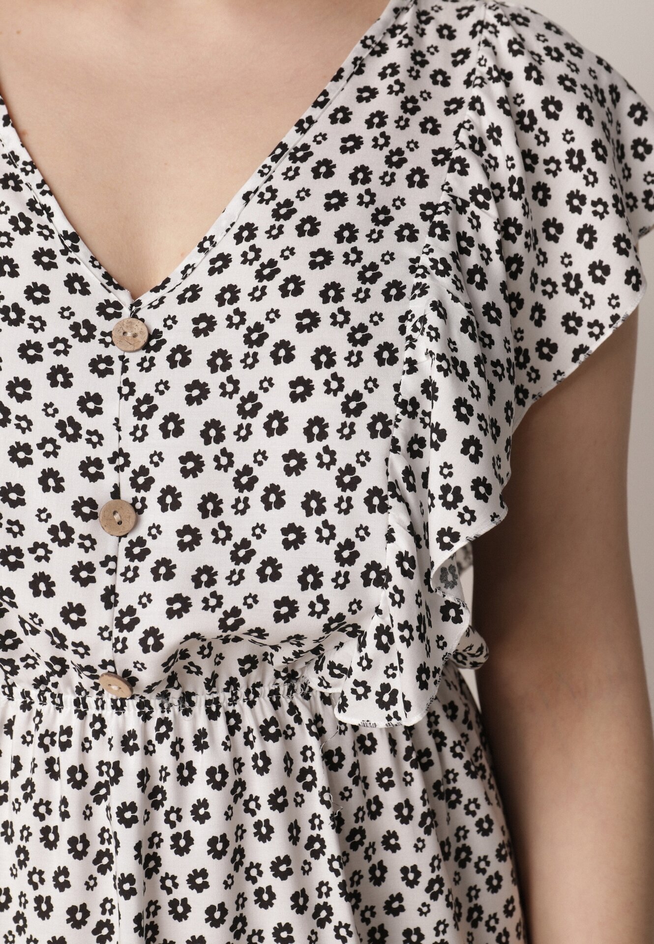 defox Rochie Cloche Albă din Bumbac cu Imprimeu Floral cu Nasturi Ronelle