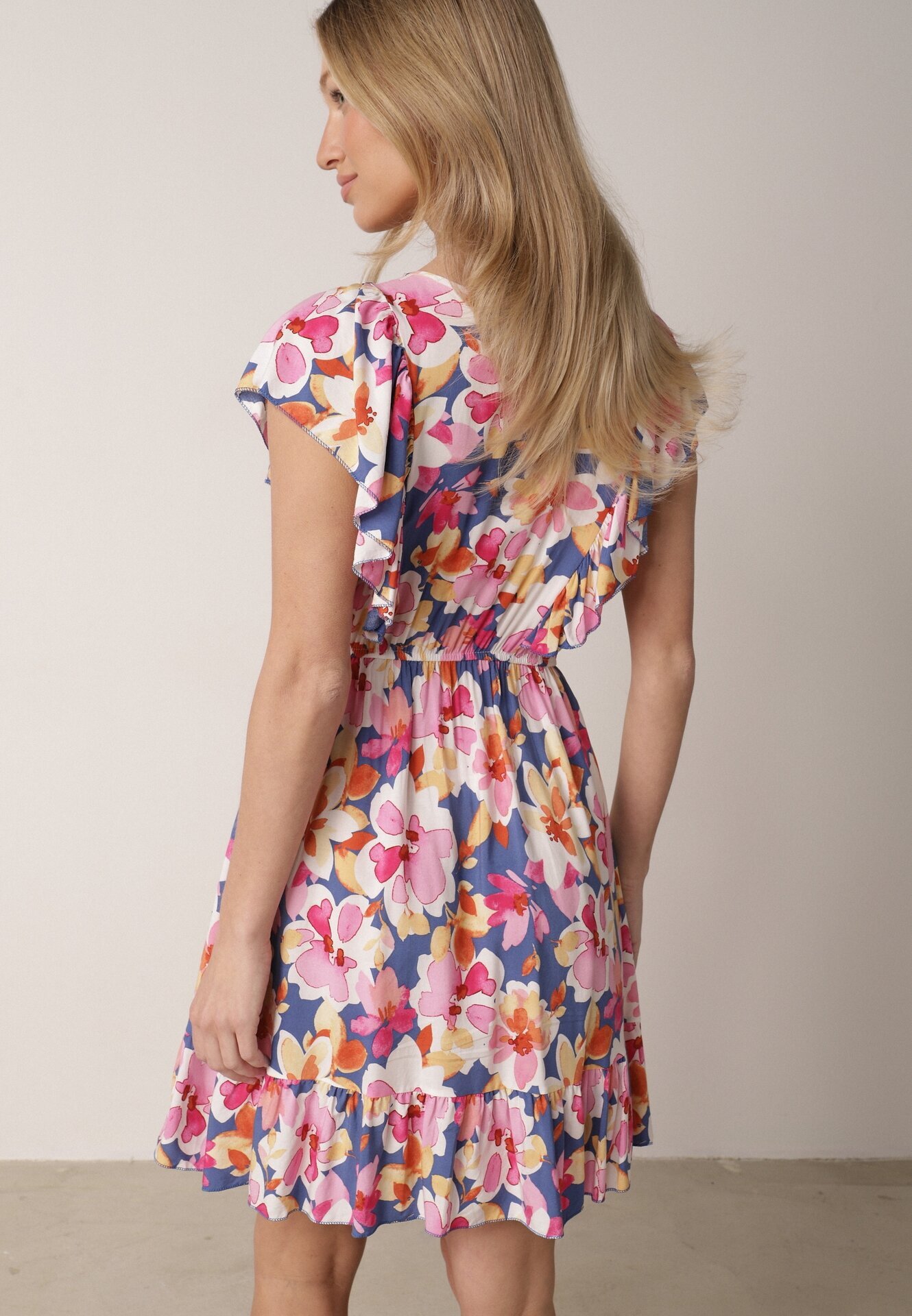 defox Rochie Cloș Albastru-Roz din Bumbac cu Imprimeu Floral cu Elastic în Talie cu Volane Nelsara