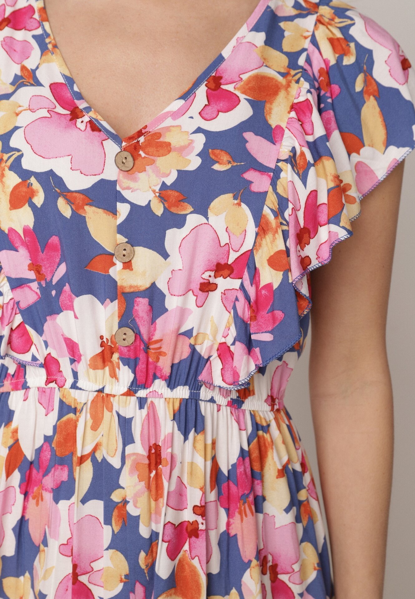 defox Rochie Cloș Albastru-Roz din Bumbac cu Imprimeu Floral cu Elastic în Talie cu Volane Nelsara