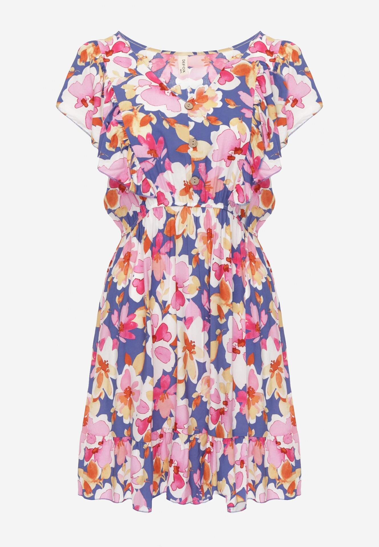 defox Rochie Cloș Albastru-Roz din Bumbac cu Imprimeu Floral cu Elastic în Talie cu Volane Nelsara