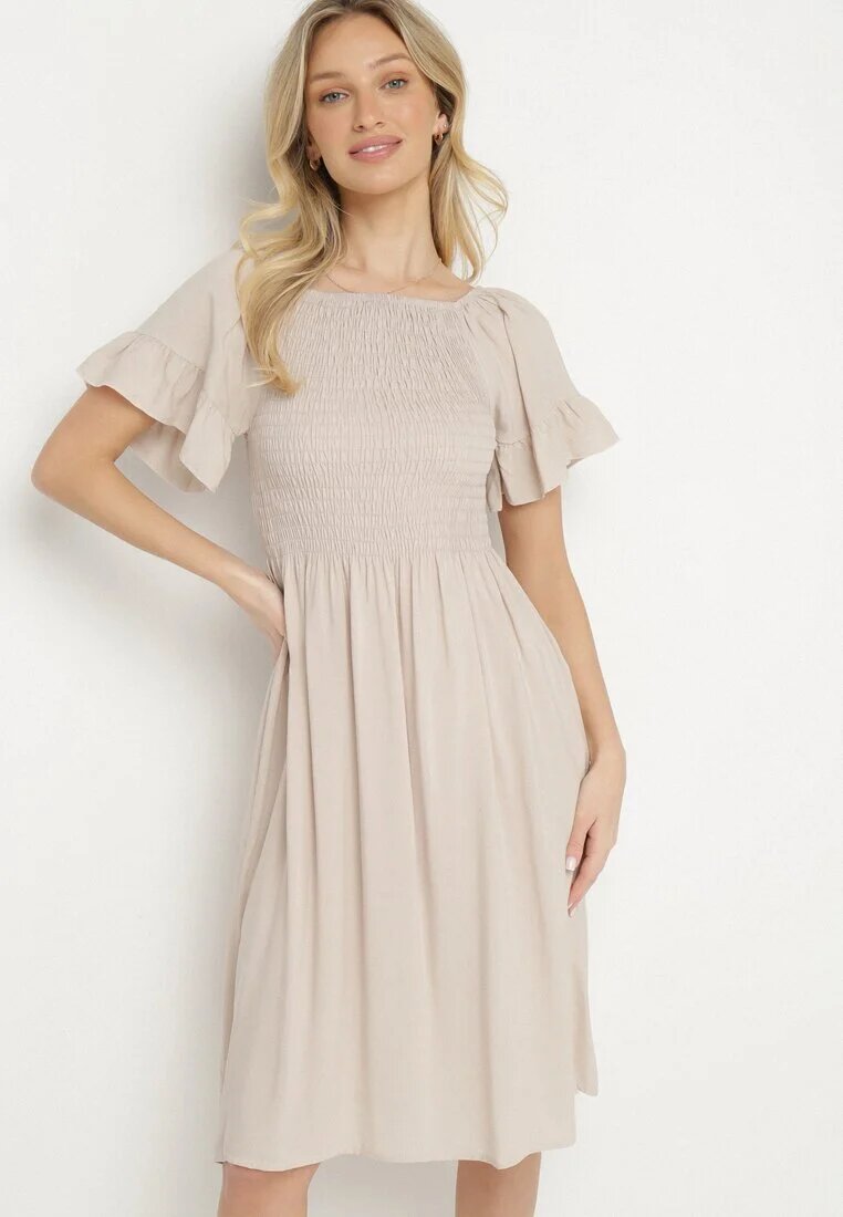 defox Rochie Cloș Bej deschis din Bumbac cu Mâneci Bufante și Bust Elastic Veliova