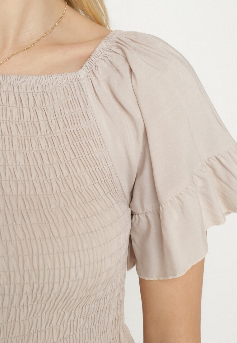 defox Rochie Cloș Bej deschis din Bumbac cu Mâneci Bufante și Bust Elastic Veliova
