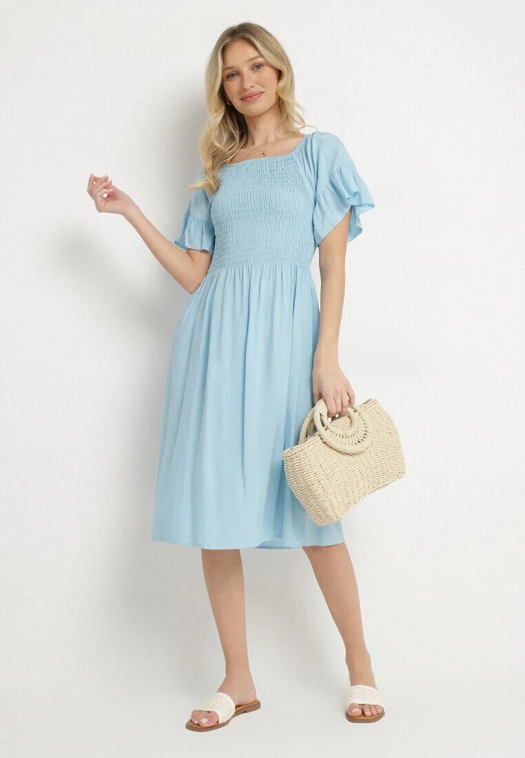 defox Rochie cloș de bumbac albastră deschisă cu mâneci bufante și top elastic Veliova