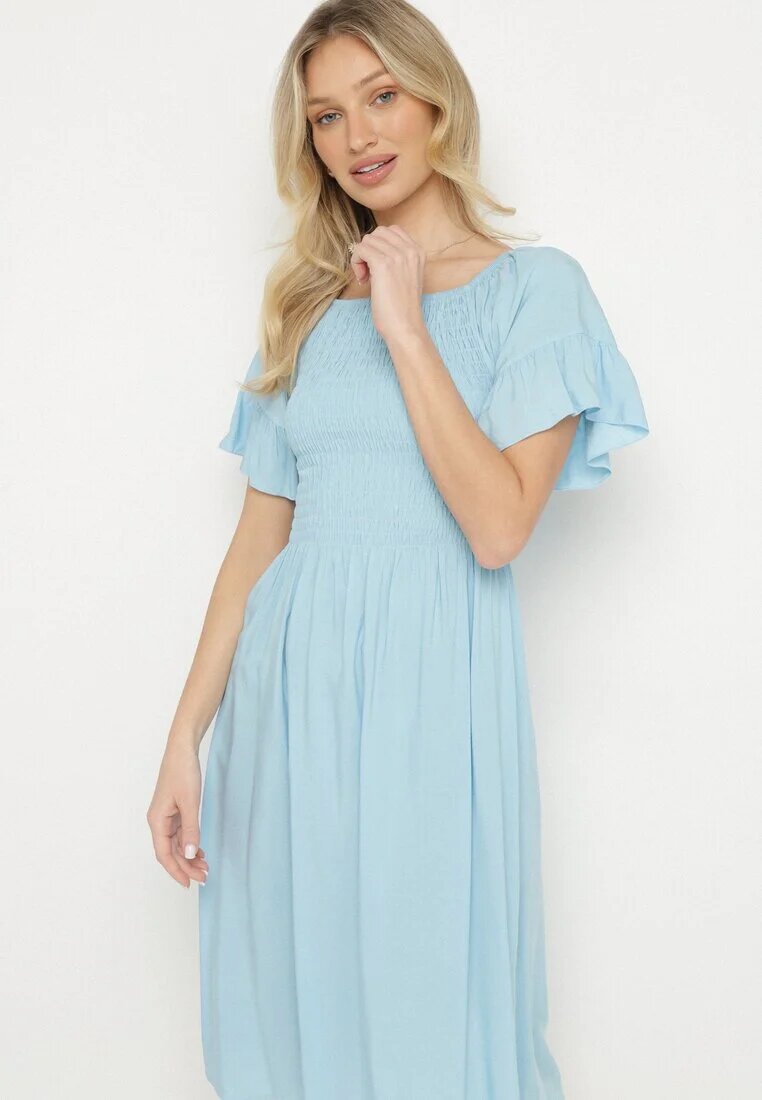defox Rochie cloș de bumbac albastră deschisă cu mâneci bufante și top elastic Veliova