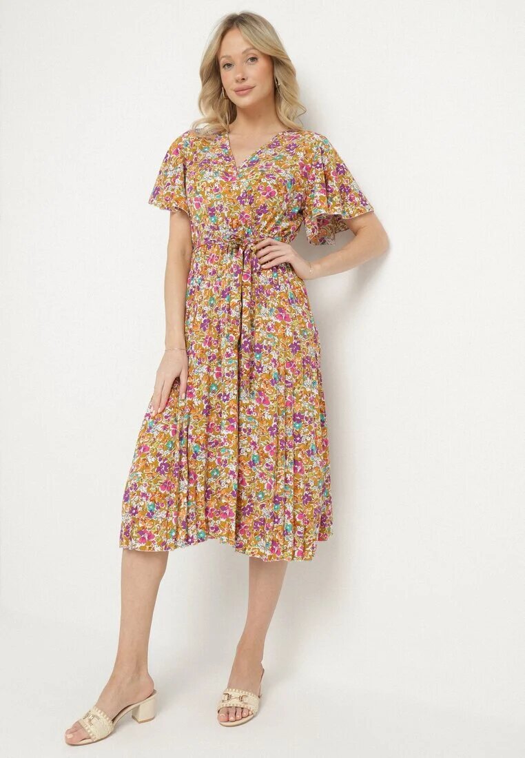 defox Rochie Cloș Galbenă cu Imprimeu floral cu Decolteu petrecut Plisată Lanasira