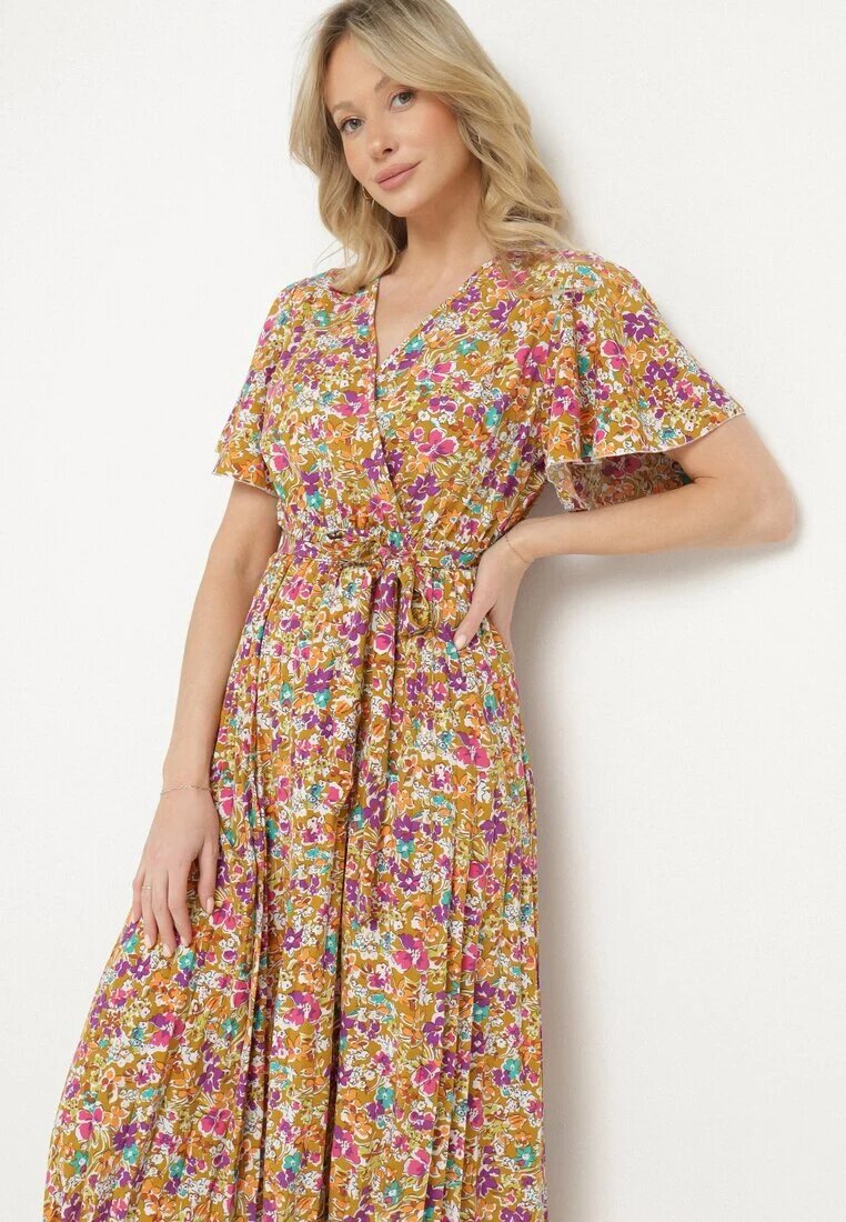 defox Rochie Cloș Galbenă cu Imprimeu floral cu Decolteu petrecut Plisată Lanasira