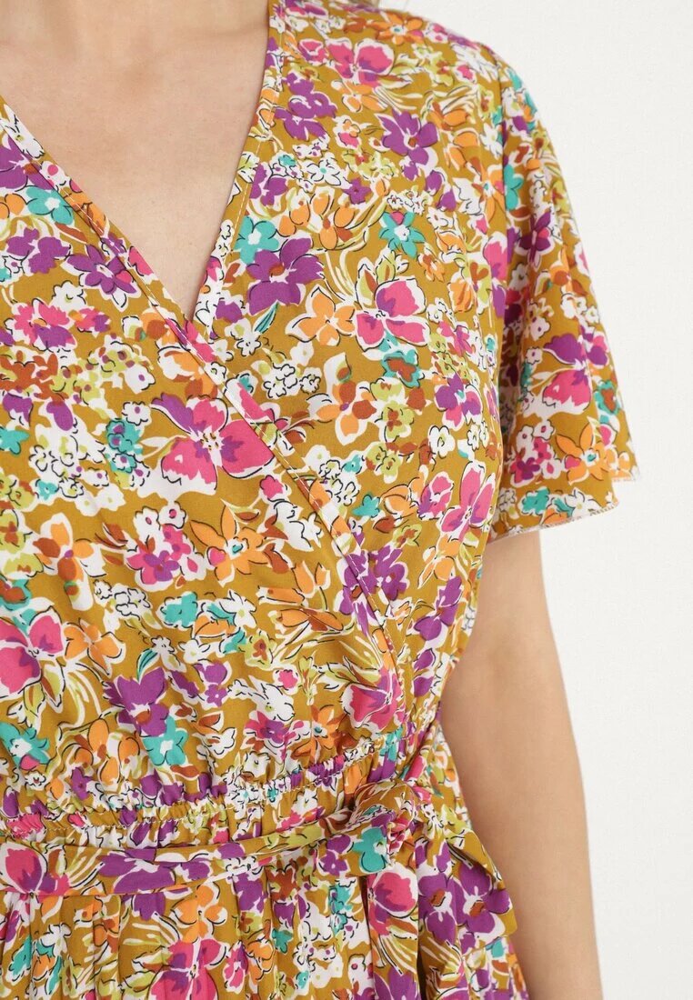 defox Rochie Cloș Galbenă cu Imprimeu floral cu Decolteu petrecut Plisată Lanasira