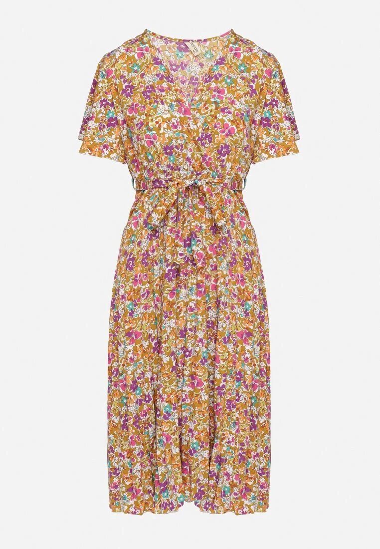 defox Rochie Cloș Galbenă cu Imprimeu floral cu Decolteu petrecut Plisată Lanasira