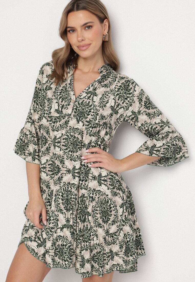 defox Rochie Cloș Verde închis din Bumbac cu Volane cu Model Ornamental Lanoreth