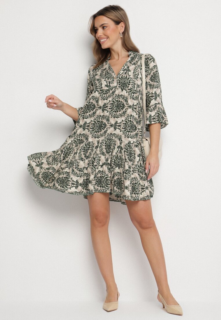 defox Rochie Cloș Verde închis din Bumbac cu Volane cu Model Ornamental Lanoreth