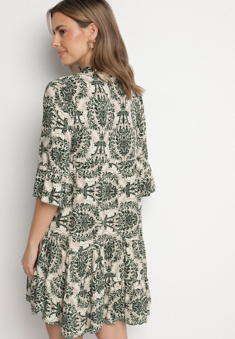 defox Rochie Cloș Verde închis din Bumbac cu Volane cu Model Ornamental Lanoreth