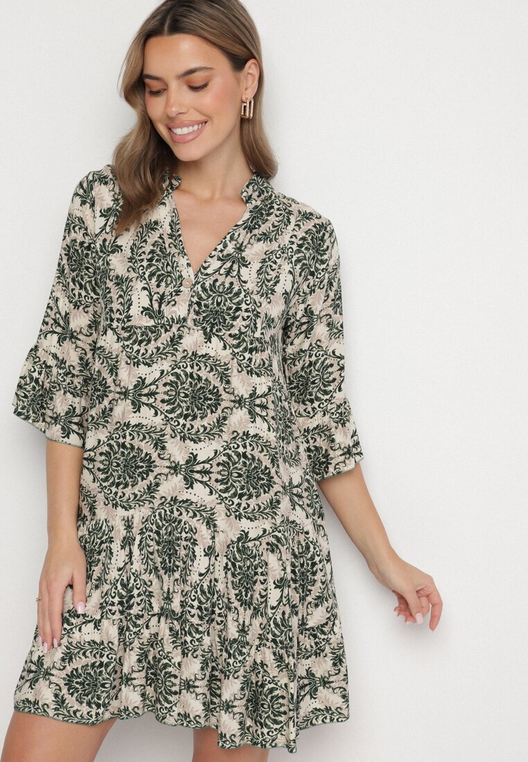 defox Rochie Cloș Verde închis din Bumbac cu Volane cu Model Ornamental Lanoreth