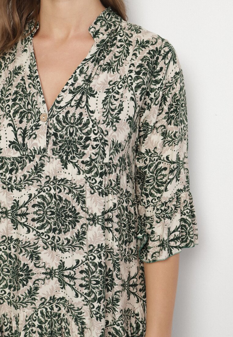 defox Rochie Cloș Verde închis din Bumbac cu Volane cu Model Ornamental Lanoreth