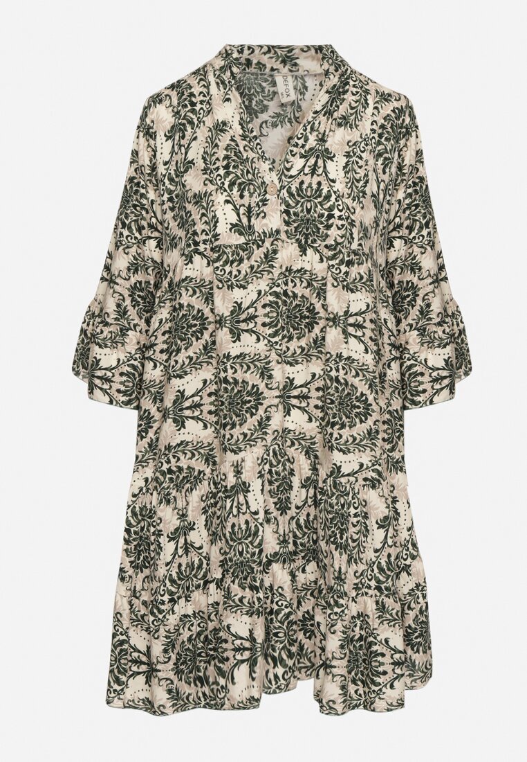 defox Rochie Cloș Verde închis din Bumbac cu Volane cu Model Ornamental Lanoreth