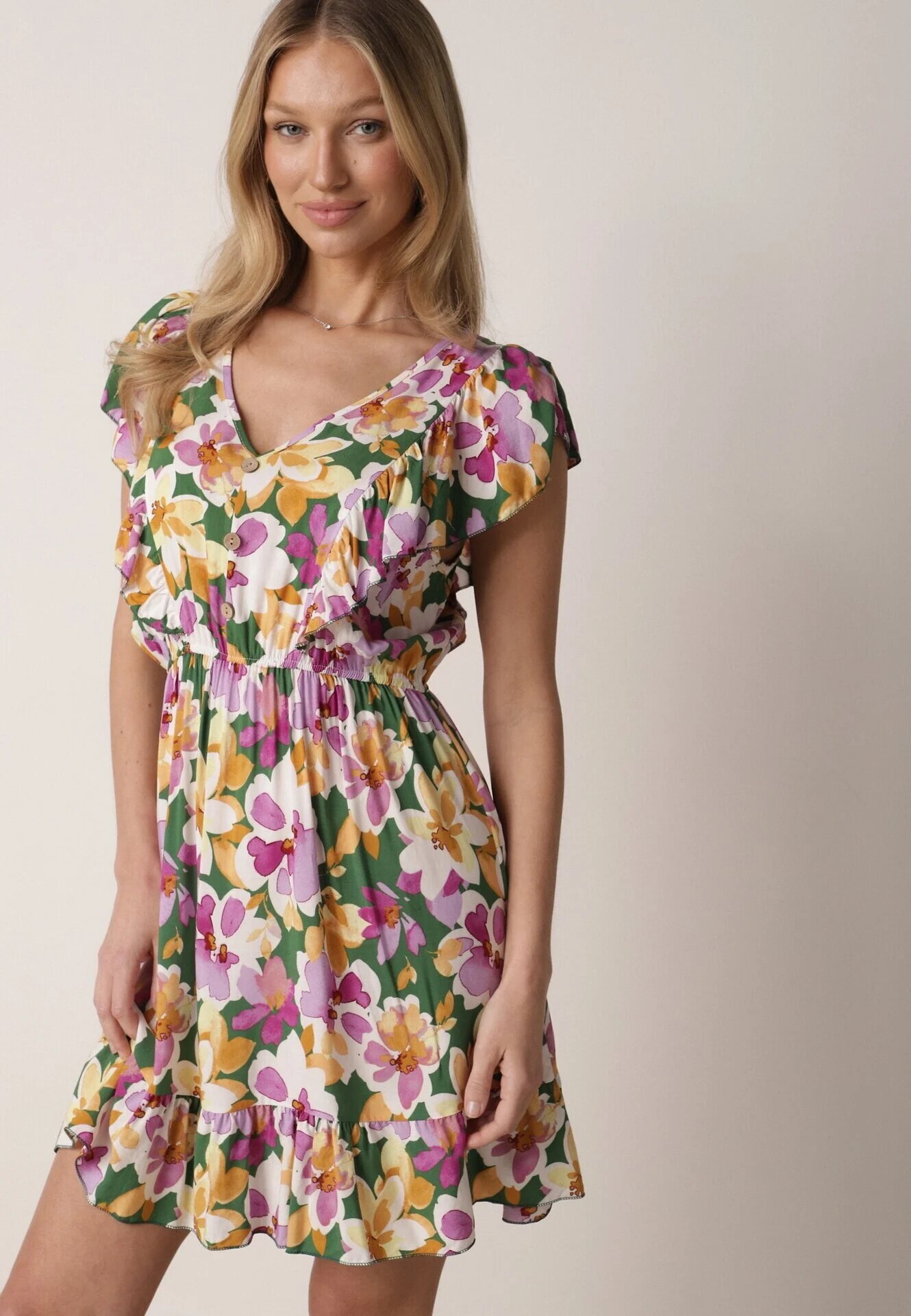 defox Rochie Cloș Verde-Roz din Bumbac cu flori cu Elastic în Talie cu Volane Nelsara