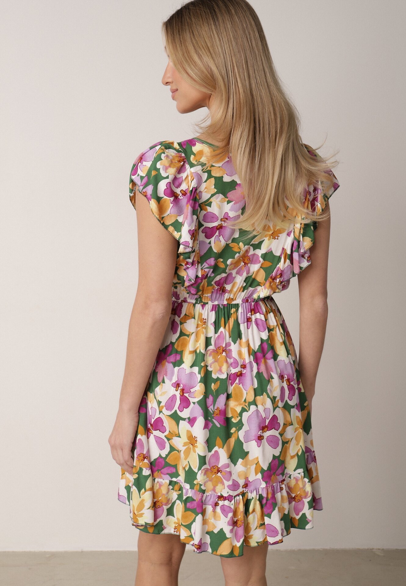 defox Rochie Cloș Verde-Roz din Bumbac cu flori cu Elastic în Talie cu Volane Nelsara