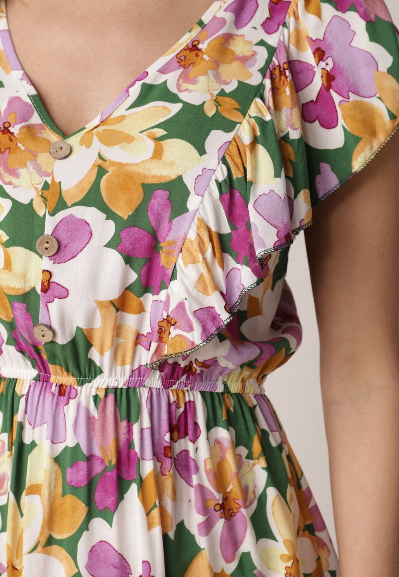 defox Rochie Cloș Verde-Roz din Bumbac cu flori cu Elastic în Talie cu Volane Nelsara