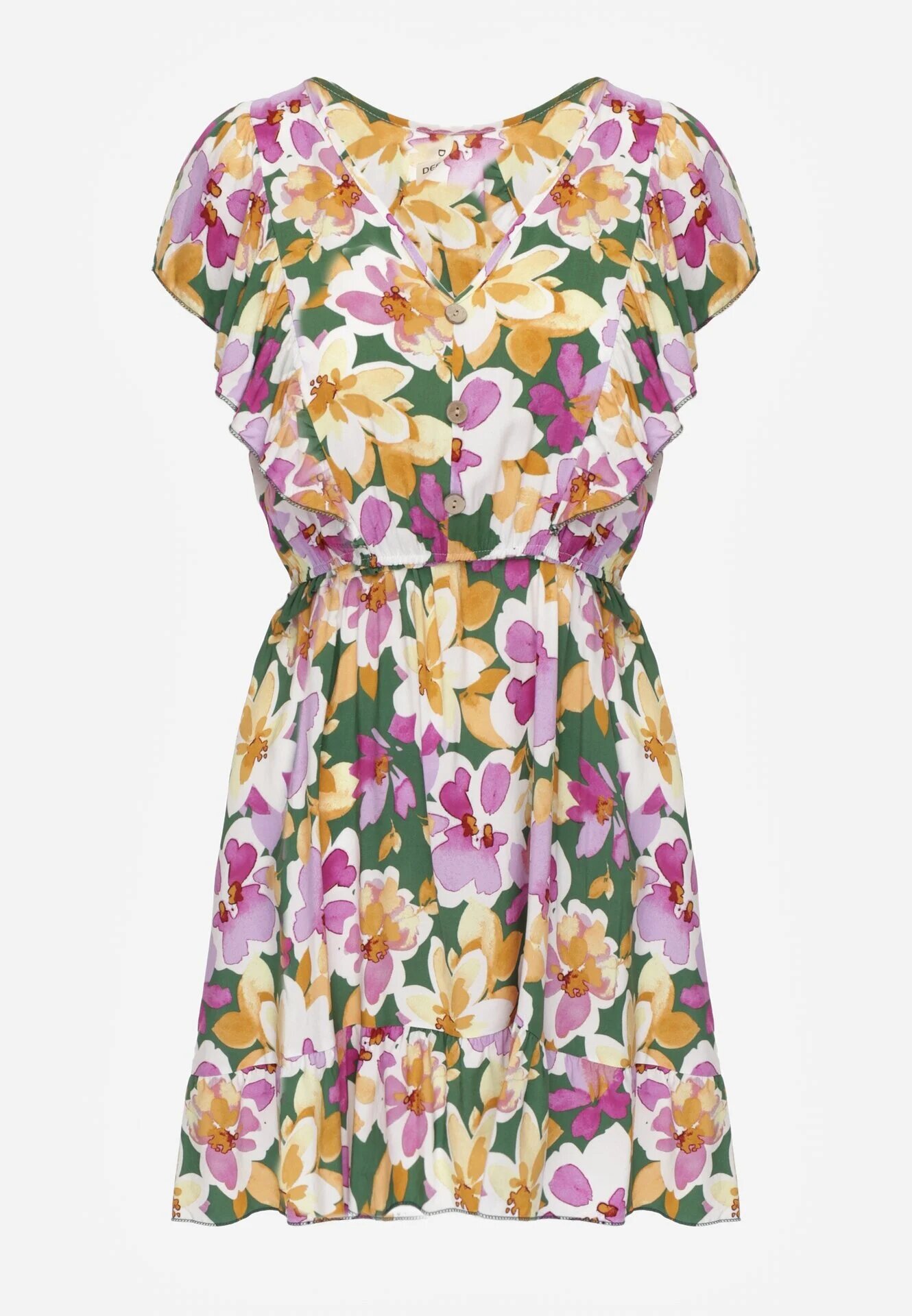 defox Rochie Cloș Verde-Roz din Bumbac cu flori cu Elastic în Talie cu Volane Nelsara
