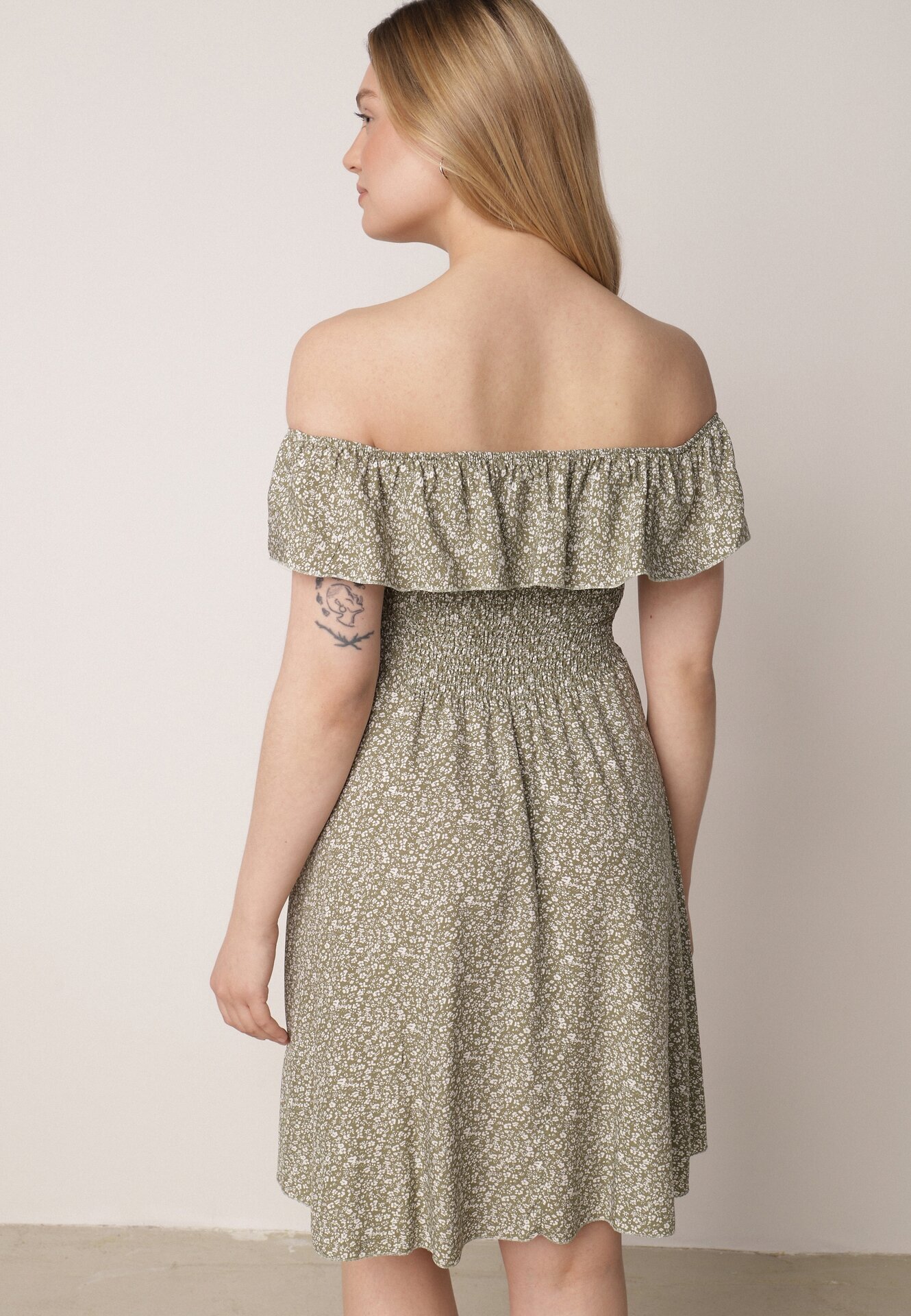 defox Rochie de bumbac verde închis cu decolteu spaniol și bust încrețit floral Samorea