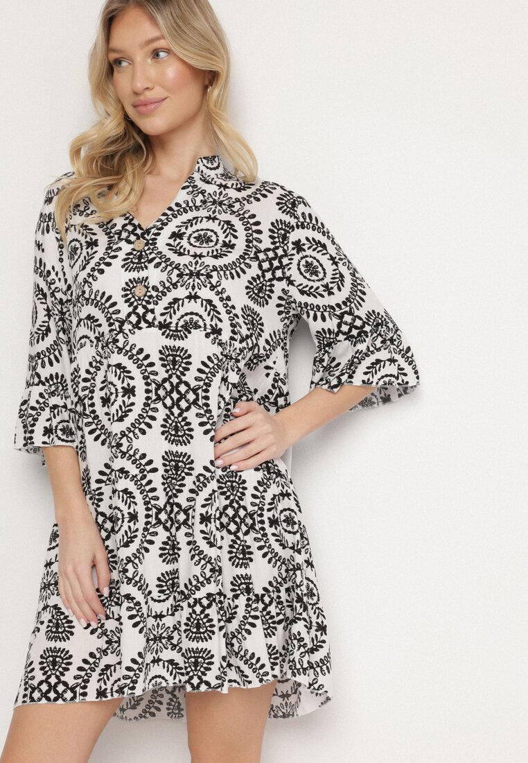 defox Rochie Din Bumbac Alb-Negru Cloș cu Nasturi Janisse