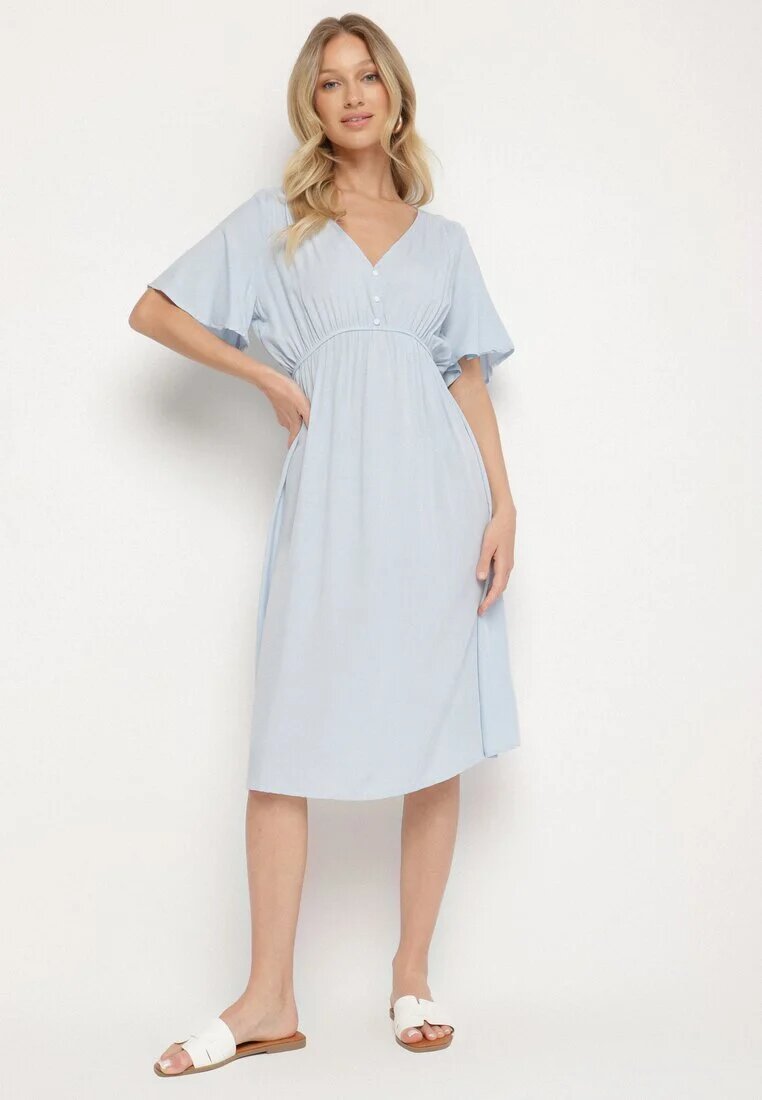 defox Rochie din bumbac albastru deschis cu croi evazat Liranelle