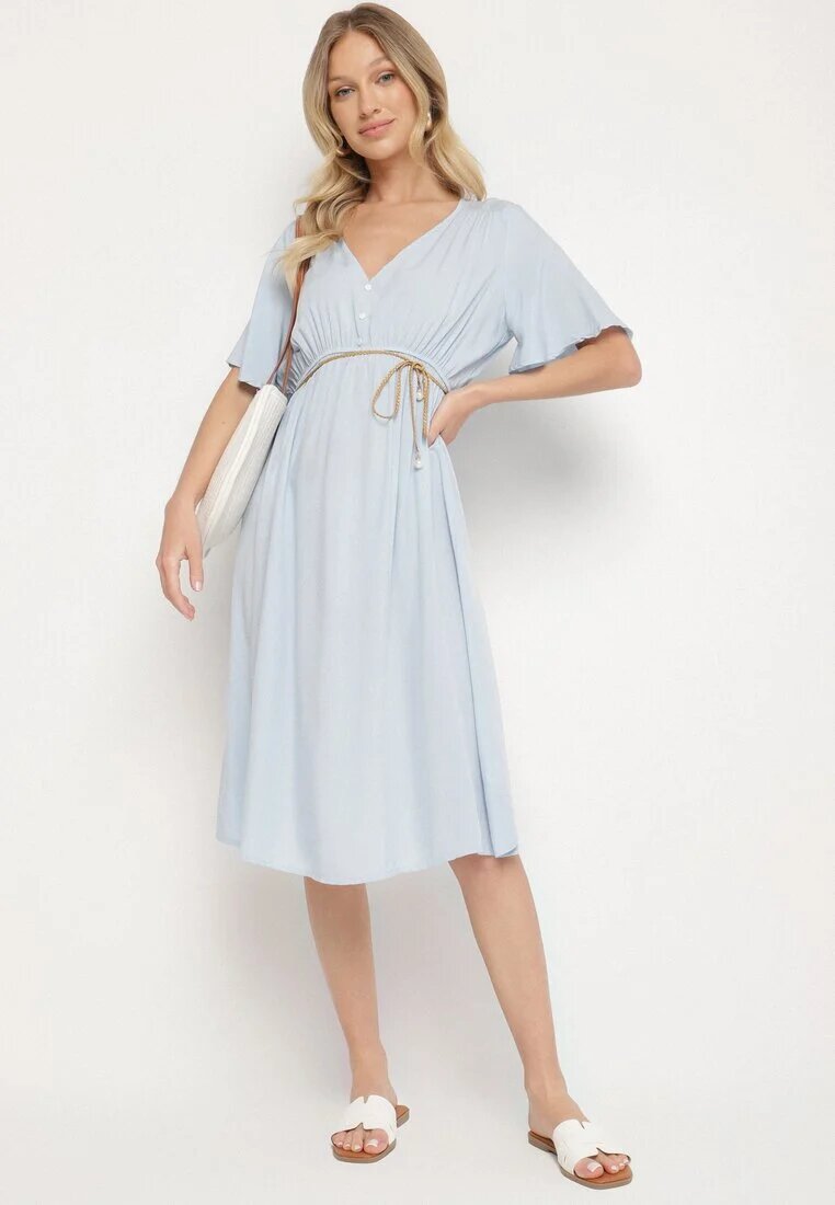 defox Rochie din bumbac albastru deschis cu croi evazat Liranelle