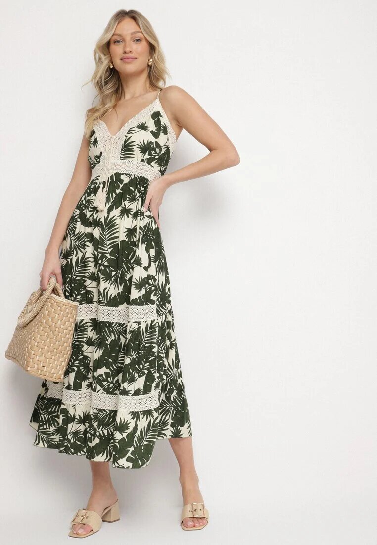 defox Rochie din bumbac Cloș Bej deschis cu dantelă cu imprimeu tropical Alusela