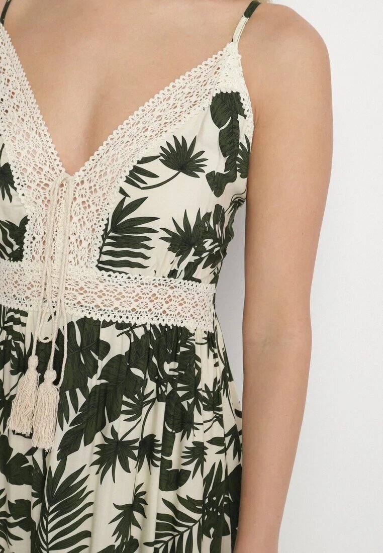 defox Rochie din bumbac Cloș Bej deschis cu dantelă cu imprimeu tropical Alusela