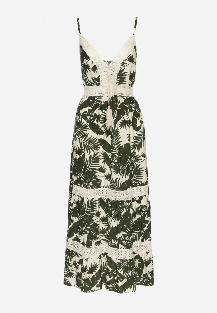 defox Rochie din bumbac Cloș Bej deschis cu dantelă cu imprimeu tropical Alusela