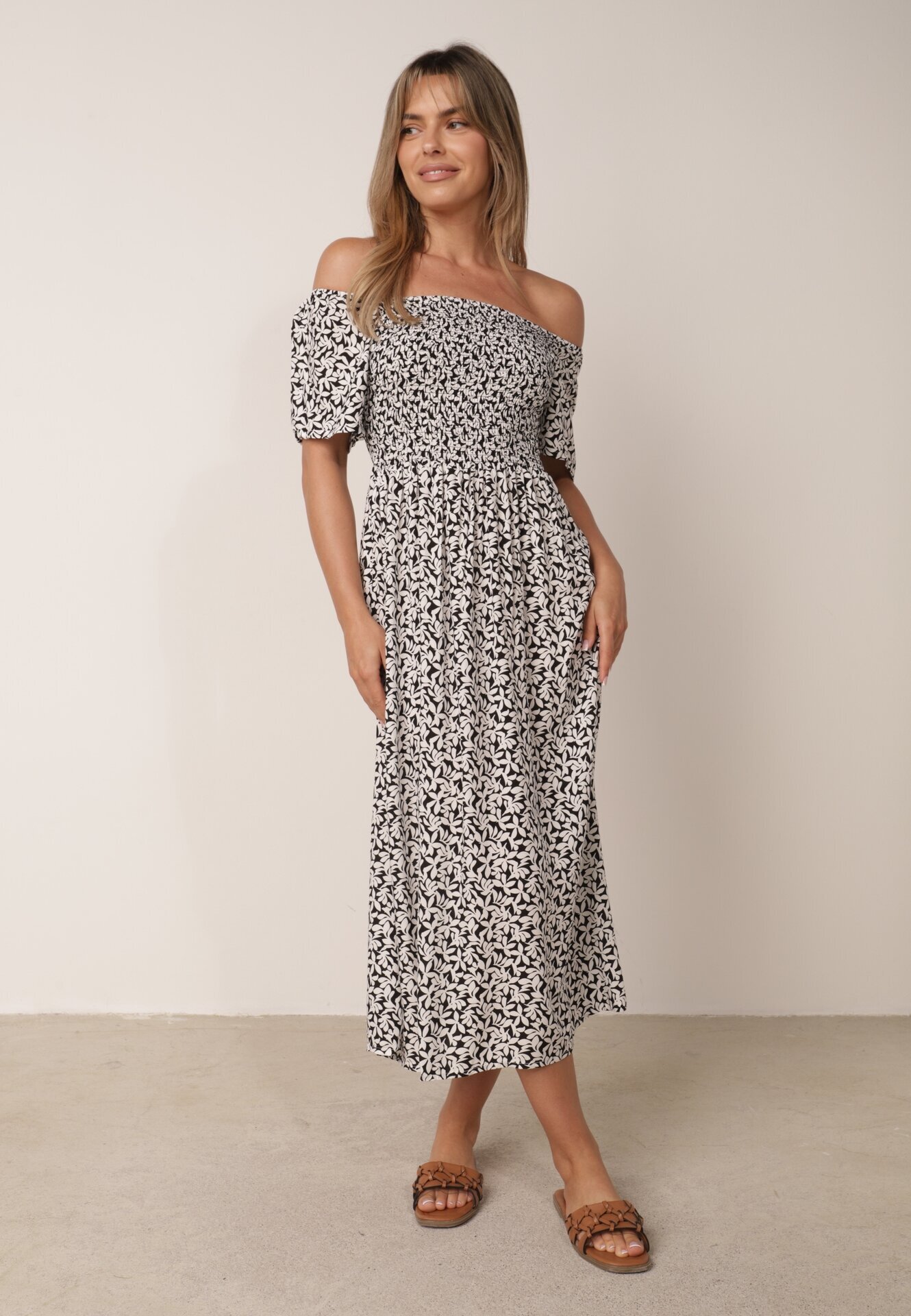 defox Rochie din bumbac tip bardot cu model vegetal și parte superioară încrețită Mothesa Neagră