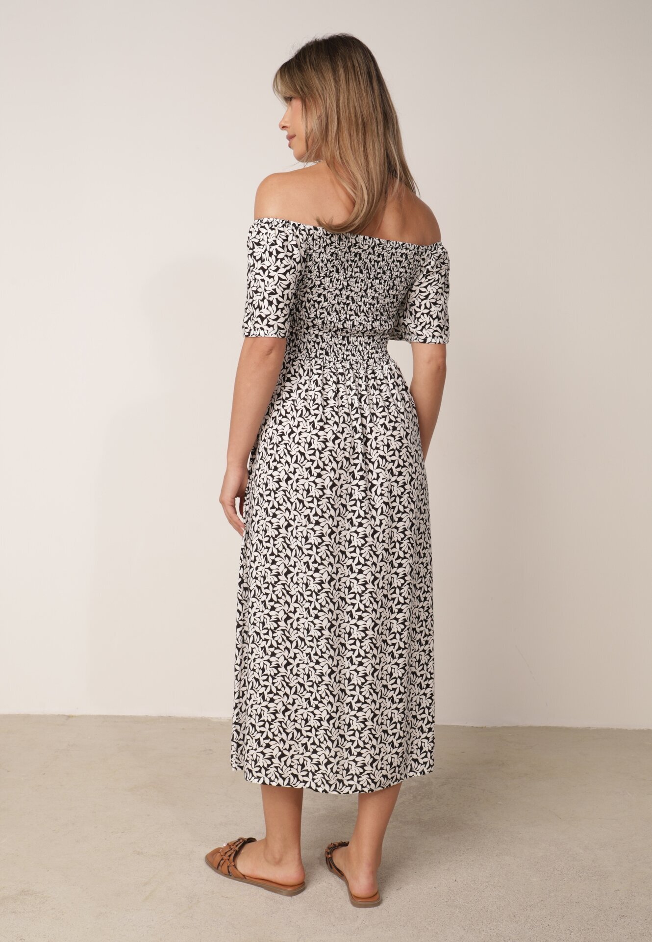 defox Rochie din bumbac tip bardot cu model vegetal și parte superioară încrețită Mothesa Neagră